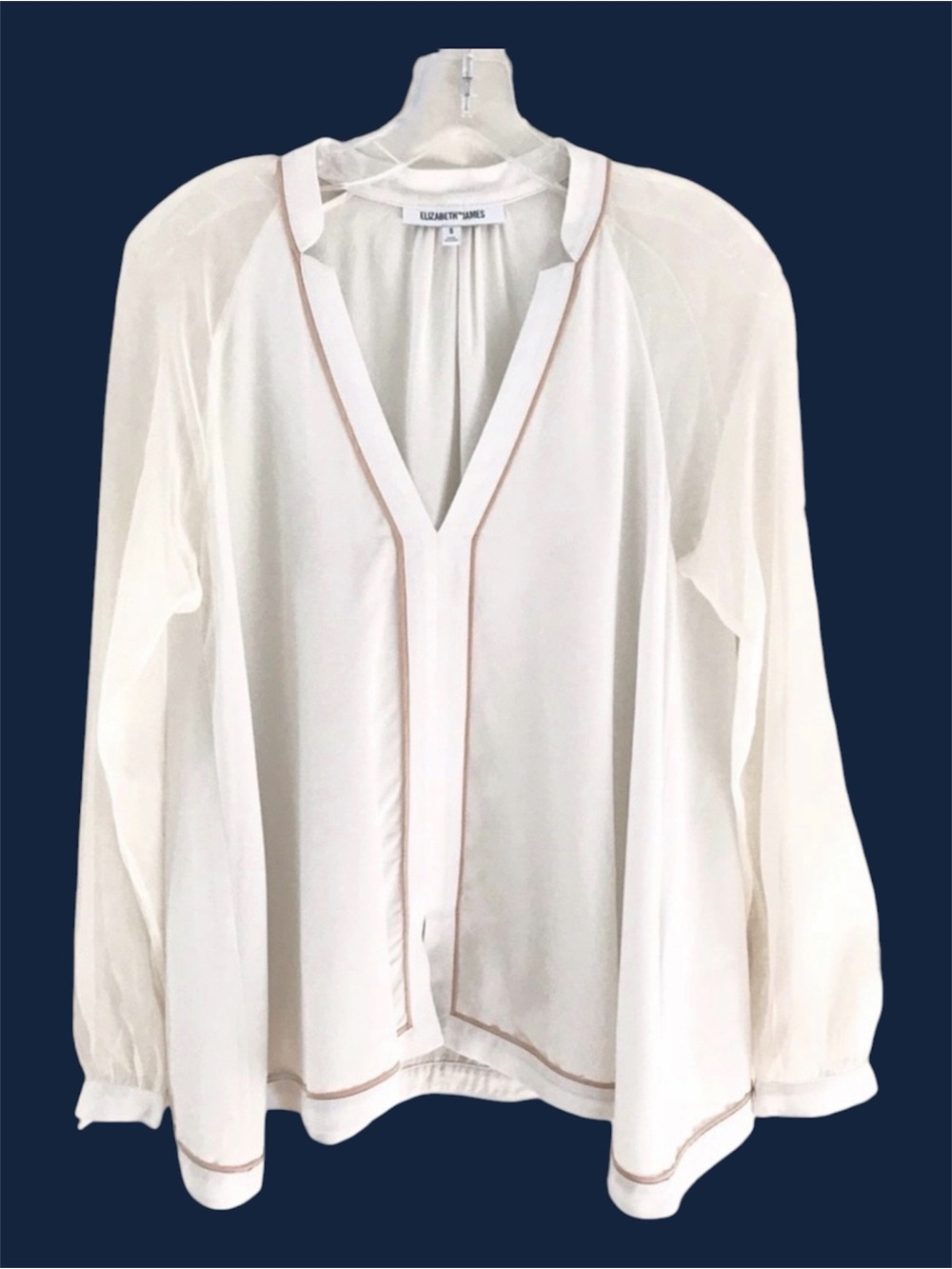 Elizabeth and James 100% Silk Ivory Contrast Trim V-Neck Blouse Size Small